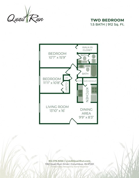 Floor plan for 2 beds, 1.5 baths, 912 sqft